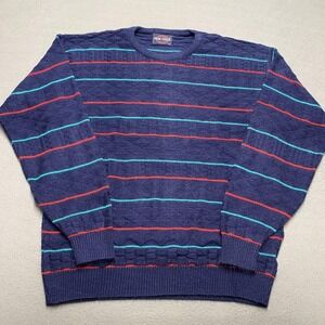 VINTAGE Pine State Sweater Mens Large Navy Striped Crewneck Made in USA 90s